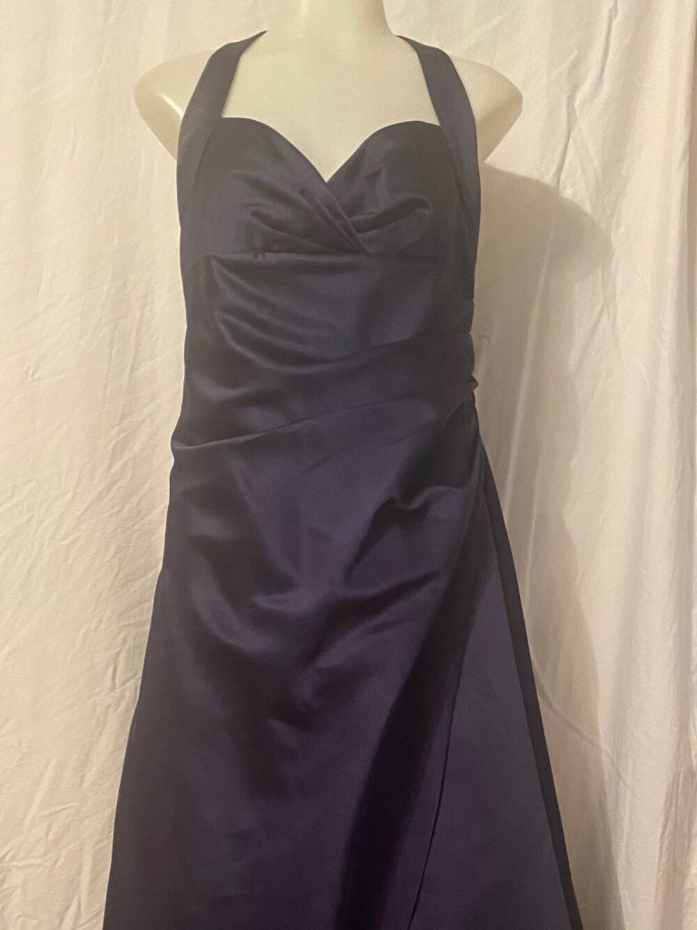 David's Bridal Navy Satin Halter Ruched Bridesmaid Dress